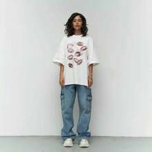 Camiseta de Manga Corta con Diseño Divertido Estilo Urbano Americano, Corte Holgado, Cuello Redondo Versátil, Top de Verano Estilo High Street - Blanco - Ver 1