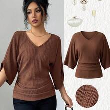 Women's Coffee Brown Textured Fabric V-Neck Loose Waist Ruched Design Elegant Classy Birthday Gift Date Party Teacher's Day Independence Day Double 11 Shopping Festival Back To School Single's Party Holiday Christmas Eve Thanksgiving Halloween Christmas Carnival Diwali New Year Travel Vacation Streetwear - Café integral - Ver 2