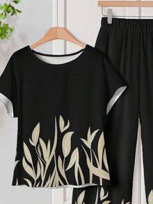 2 piezas Conjunto de camisa y pantalones casuales con estampado de plantas para mujer, primavera/verano, casual - Negro - Ver 4
