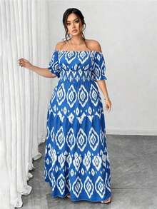 Vestido casual elegante de talla grande para mujer de primavera/verano, en azul sólido de aspecto de mezclilla con cintura fruncida y con abertura lateral - Azul y blanco - Ver 7
