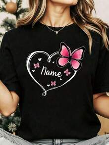 Camiseta de Mujer de Manga Corta con Cuello Redondo y Estampado Divertido, Diseño Personalizado con Nombre, Mariposas y Corazón, Camiseta Casual con Mariposas Rosadas y Símbolo de Amor para Regalo de San Valentín, Adecuada para Fiestas, Salidas, Deportes y Otros Regalos Festivos. - Negro - Ver 2