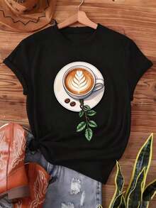 1 Pieza de Ropa de Otoño para Mujer con Temática de Café, Taza de Latte con Hojas, Arte Latte, Granos de Café y Ramas de Café Verde, Ropa Casual Deportiva de Cuello Redondo, Ropa de Invierno para Mujer, Regalo de Navidad, Ropa Navideña - Negro - Ver 6
