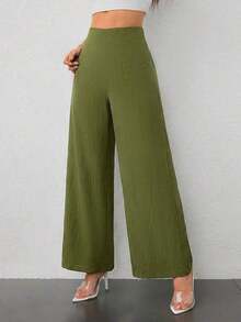 Pantalones de Pierna Ancha de Cintura Alta con Textura para Mujer, Estilo Casual y Sencillo, para la Temporada de Regreso a Clases y Uso Diario - Verde Oliva - Ver 5