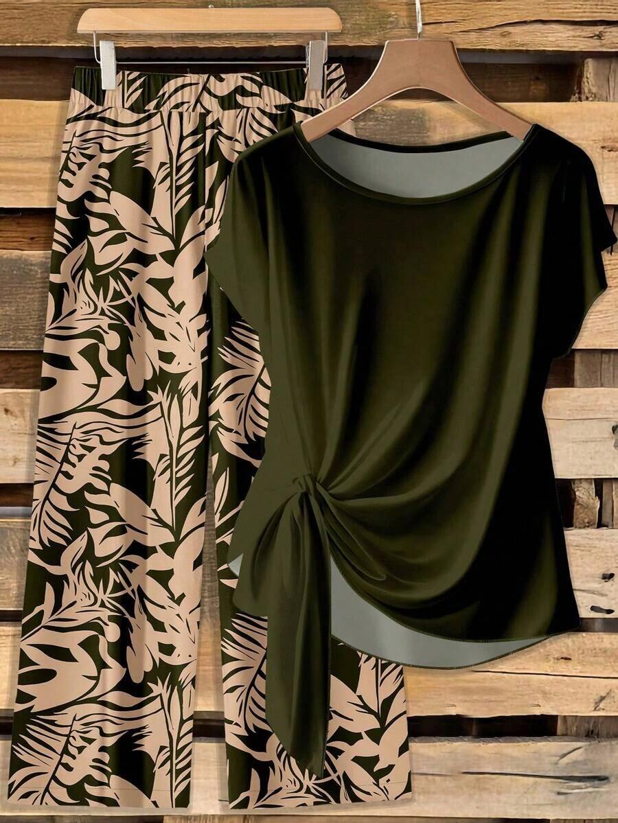 Set de 2 piezas: Blusa morada con lazo minimalista casual + Pantalones rectos holgados con estampado floral, adecuado para vacaciones de primavera/verano - Multicolor 14 - Ver 1