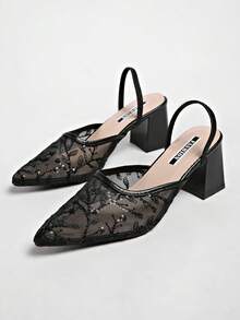 New Chinese Style White High Heel Mules, Pointed Toe Lace Embroidery Convertible Sandals For Women - Black - View 2