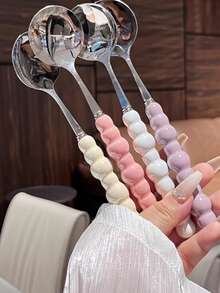 Elegant Stainless Steel Soup Spoon, Imitation Pearl Porcelain Handle, Oval Long Design,Reusable Dinner Spoon Perfect For Rice, Soup, Home Dining, Kitchen, Banquet And Daily Meal Use, Stylish Tableware Decor - Multicolor - View 6