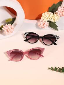 2 PCS Boy's And Girl's 4-9Y Retro Fun Cat Eye Fashion Glasses With Glitter Solid Color Polycarbonate Frame Soft Tinted Lenses Lightweight Suitable For Vacation Parties With Glasses Box - Multicolor - View 6