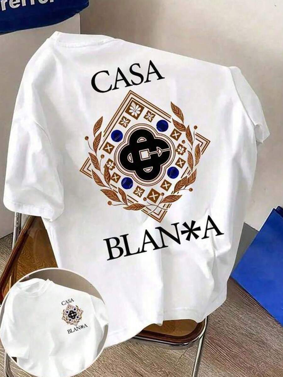 Mujer Camiseta de manga corta con estampado térmico de emblema retro en tonos marrón y azul, diseño de patrón romboidal con letras, estilo vintage americano - Blanco - Ver 1