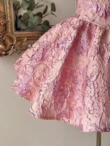 Vestido elegante, romántico y de moda de tela jacquard burdeos con escote halter, espalda descubierta y manga larga en corte evasé, adecuado para ceremonia de graduación, apertura de escuela, festival de música, fiesta de cumpleaños, boda, té de la tarde, baile de graduación - Rosa - Ver 6