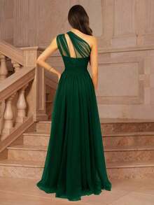 Vestido formal largo para dama de honor, invitada de boda, evento, verano, San Valentín, cumpleaños, con cuello cruzado asimétrico de un hombro, espalda descubierta, falda de tul en línea A, vestidos de mujer para otoño, regreso a clases, fiesta de bienvenida, cumpleaños, primavera elegante - Verde Oscuro - Ver 2