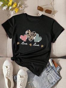 Womens Casual Black Short Sleeve Round Neck-shirt with Leopard Heart and Love Print Regular Fit Polyester Top blusas para mujer playeras de mujer blusas casuales para dama - Negro - Ver 4