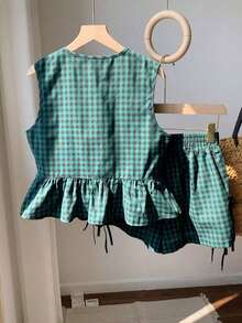 Set de 2 piezas de ropa de mujer con top tipo camiseta con cordones y shorts a cuadros, ideal para el Día de San Valentín - Multicolor - Ver 2