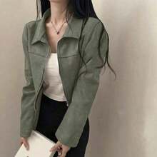 Chaqueta de mujer de unicolor con cuello vuelto y cremallera, de manga larga, adecuada para uso diario, escuela y aeropuerto, primavera/otoño, color negro - Verde - Ver 4