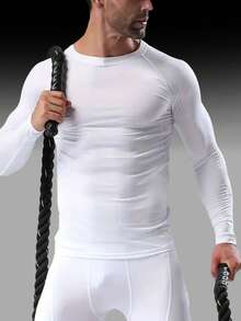 Men's Pure Black Long-Sleeved Thermal Underwear Top, Round Neck Style, Highly Elastic, Quick-Drying And Breathable, Fashionable And Slim With Sports Attributes, Can Be Used As Fitness Clothes, Running Training Clothes, Cycling Clothes, Winter Style Suitable For Outdoor Skiing In Cold Weather, Suitable For Keeping Warm In Autumn And Winter - White - View 3