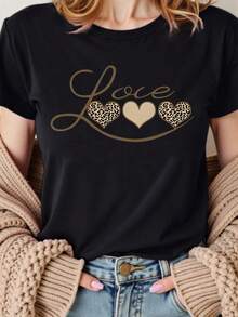 Camiseta con Estampado de Letras, Manga Corta Cuello Redondo Top Casual para Verano y Primavera, Ropa de Mujer - Negro - Ver 6
