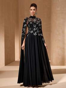 YISIKADO Women's Elegant Bowknot High Collar Long Sleeve Sequin Maxi Evening Dress Party Black Wedding Fall - Black - View 5