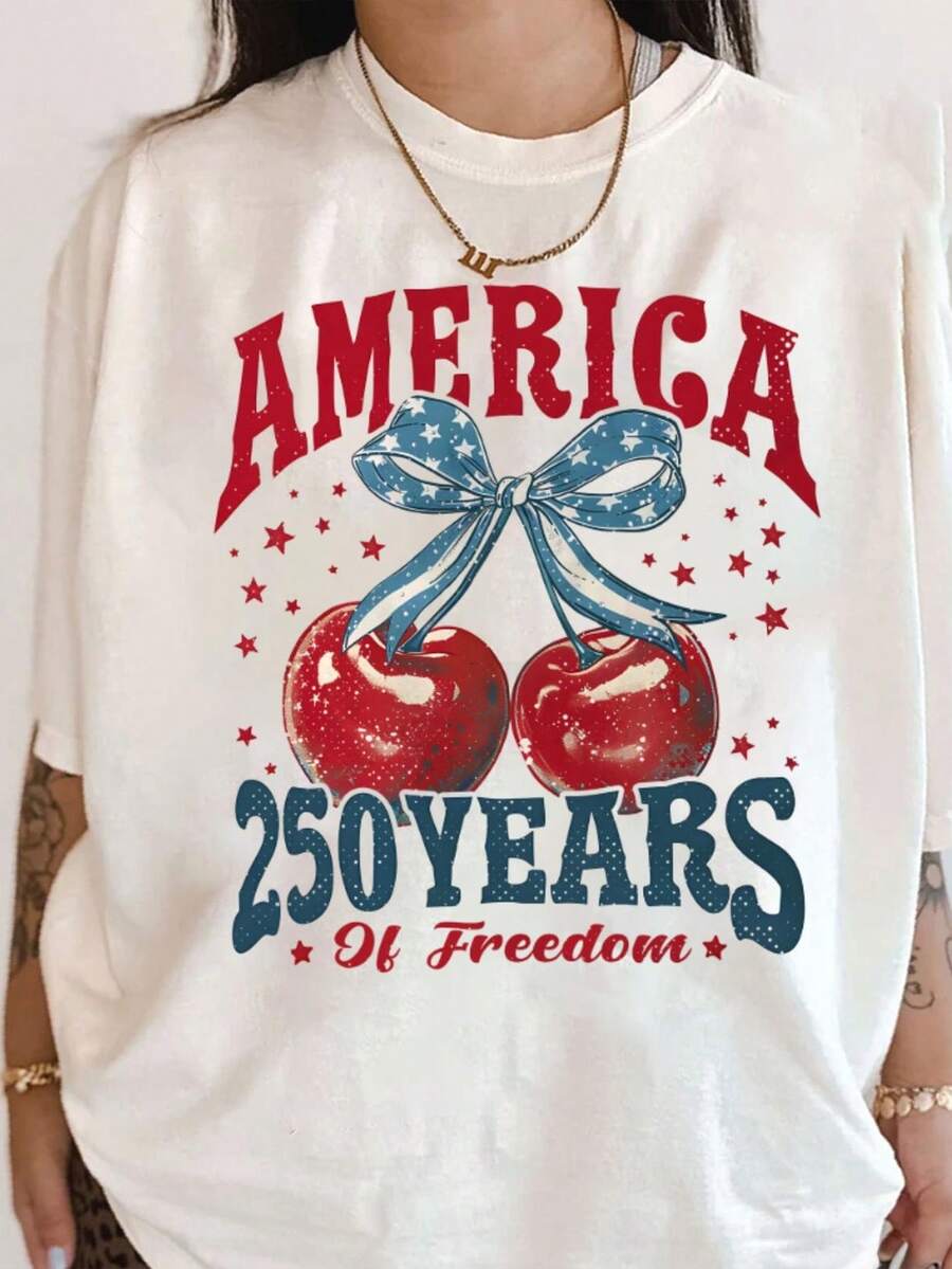 250 Years Of Freedom T-Shirt, Patriotic T-Shirt For The 250th Anniversary Of Independence, American 4th Of July T-Shirt. Unisex T-Shirt Made Of 220g Pure Cotton. Ideal Weight For All Seasons, Suitable For Men And Women. Durable, High-Quality Fabric, Soft To The Touch And Long-Lasting. Breathable Top. Suitable For Spring And Summer, Holidays, Mother's Day, And Independence Day. - 白色 - 查看 1
