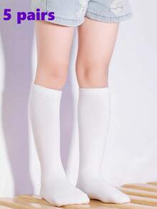 5 Pairs Back To School White Knee-High Socks, Tall Socks, School Uniform Socks, Calf Socks For Boys And Girls, Outdoor Sports, Football Socks - White - View 4