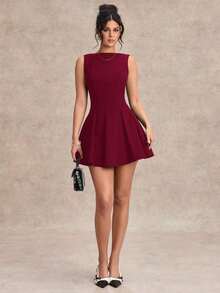 Vestido negro sólido, minimalista y sexy de corte evasé en tono burdeos para mujer, vestido para citas, vestido de dama de honor corto, vestido negro elegante para primavera/verano - Burdeos - Ver 3
