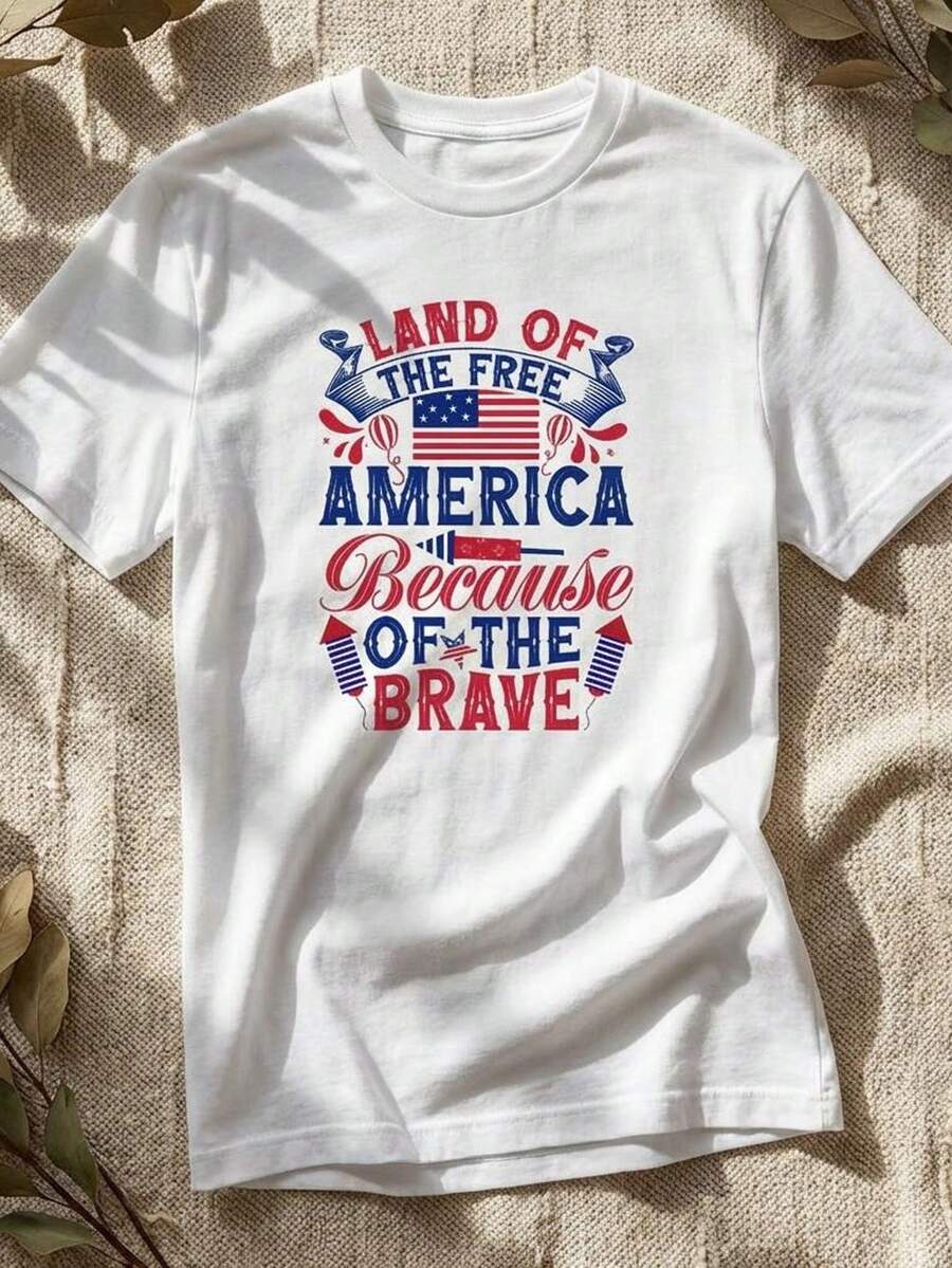 Patriotic "Land Of The Free" T-Shirt. America. Because Brave 4th Of July. Unisex 220g Pure Cotton T-Shirt. Ideal Weight For All Seasons, Suitable For Men And Women. Durable, High-Quality Fabric, Soft To The Touch And Long-Lasting. Breathable T-Shirt. Suitable For Women's Spring And Summer, Holidays, Mother's Day, And Independence Day. - 白色 - 查看 1