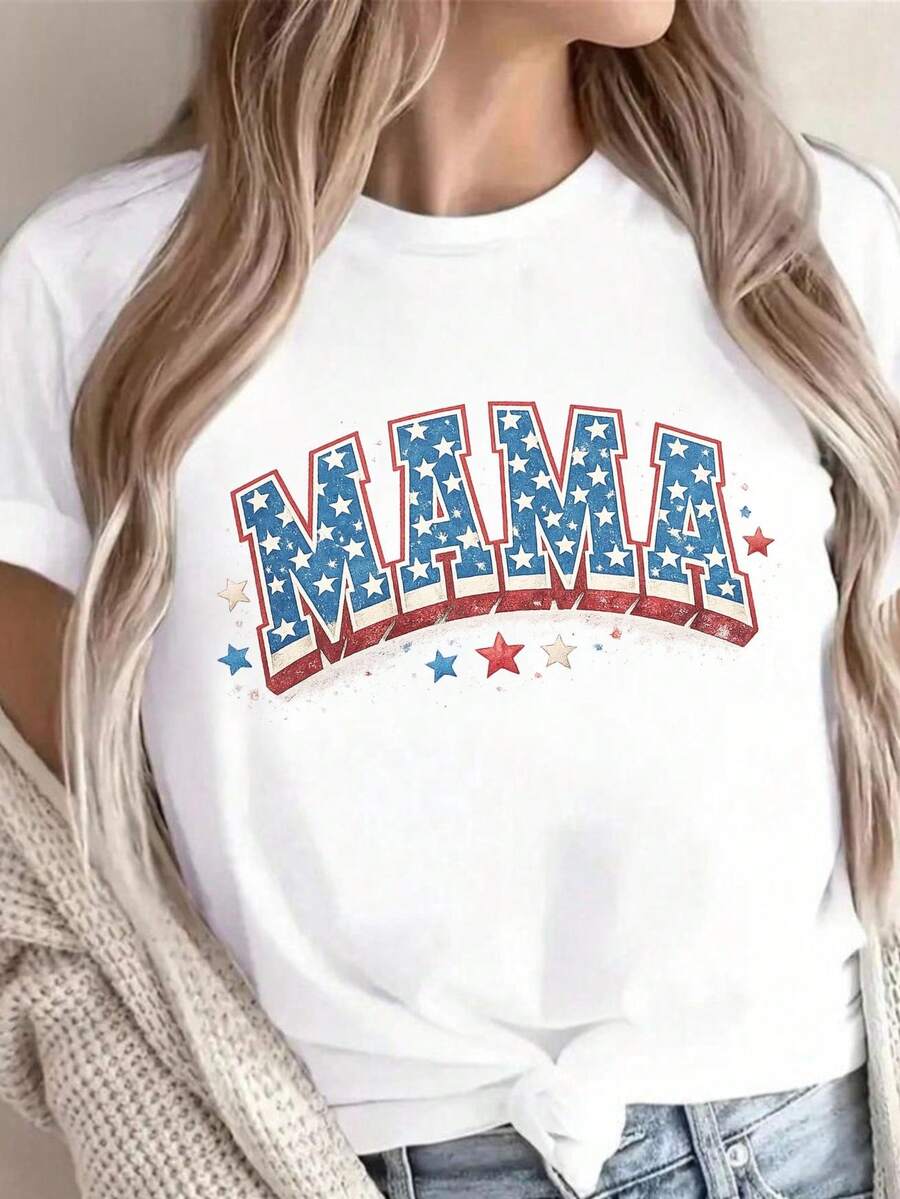 American Mom T-Shirt With Patriotic Stars And Stripes. 220g, Unisex, Pure Cotton. Ideal Weight For All Seasons, Suitable For Men And Women. Durable, High-Quality Fabric, Soft To The Touch And Long-Lasting. Breathable. Suitable For Spring And Summer, Holidays, Mother's Day, And Independence Day. - 白色 - 查看 1