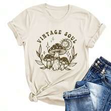 Camiseta de Algodón Vintage para Mujer de Talla Grande con Estampado Gráfico 'Vintage Soul', Camiseta Casual de Manga Corta Oversize con Estampado de Hongos y Sol, Top Holgado para Uso Diari - Blanco - Ver 1