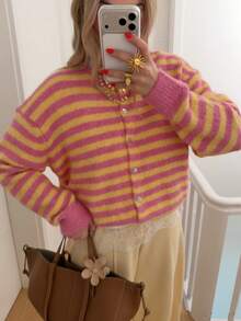 Women's Pink And Yellow Striped Knit Cardigan, Button Front, Long Sleeve, Medium Stretch - Pink - View 2
