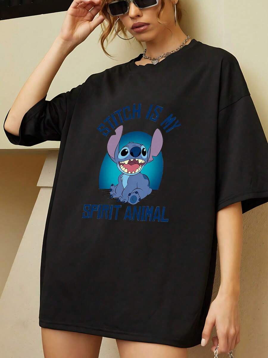 Graphic Showing A Cute Blue Alien Character Smiling Under A Bright Moon Symbolizing Friendship, Joy And Individuality. Comfortable Casual Women's T-Shirt For Everyday Wear - 黑色 - 查看 1