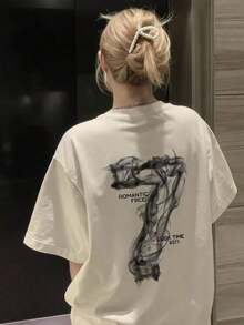 Vintage Women's Oversized Graphic Print Short Sleeve T-Shirt, Fashionable Summer Clothing, Crew Neck, 100% Cotton, Soft Fabric, Breathable And Cool Short Sleeve - 白色 - 查看 6
