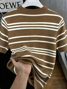 Men's Casual Versatile Solid Color Short Sleeve Knit Top, Suitable For Daily Wear And Commuting - Brown - View 2