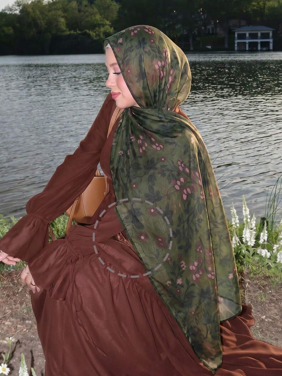 1 chiếc khăn trùm đầu nữ in họa tiết hoa, khăn hijab mỏng in kỹ thuật số chất lượng cao, mềm mại và thoáng khí, khăn choàng đầu rộng viền, phong cách đường phố thường ngày, phù hợp cho mọi mùa để phối với váy.