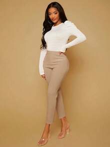 Pantalones unicolor de talle alto - Caqui - Ver 4