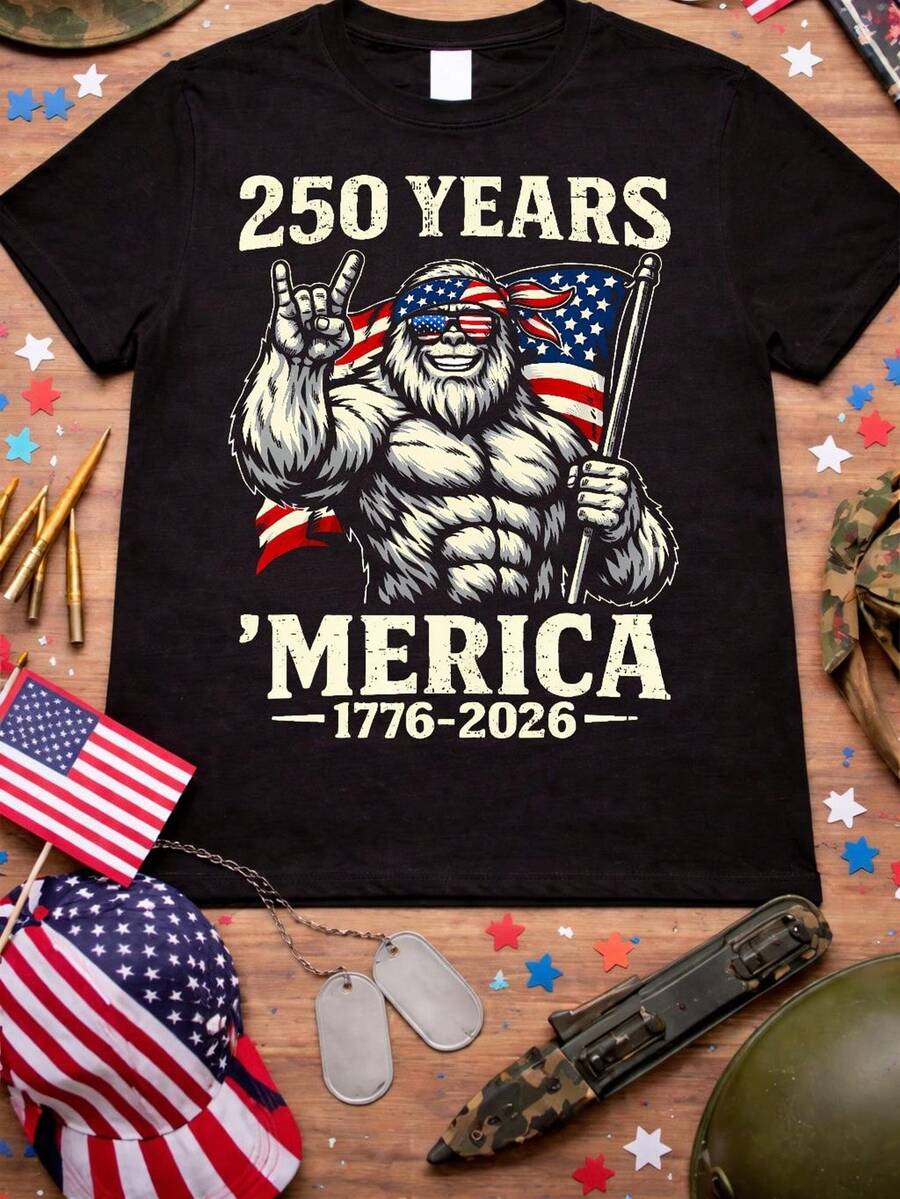 Camiseta de 250 años de América 17762026, Camiseta patriótica del 250 aniversario de EE. UU., Camiseta divertida de Sasquatch Bigfoot americano para el 4 de julio, Día de la Independencia. Camiseta unisex de algodón puro de 220 g, peso ideal para todas las estaciones, adecuada para hombres y mujeres. Tejido duradero de alta calidad, suave al tacto y de larga duración. Parte superior transpirable. Adecuada para la primavera y el verano de las mujeres, vacaciones, Día de la Madre, Día de la Independencia. - Negro - Ver 1