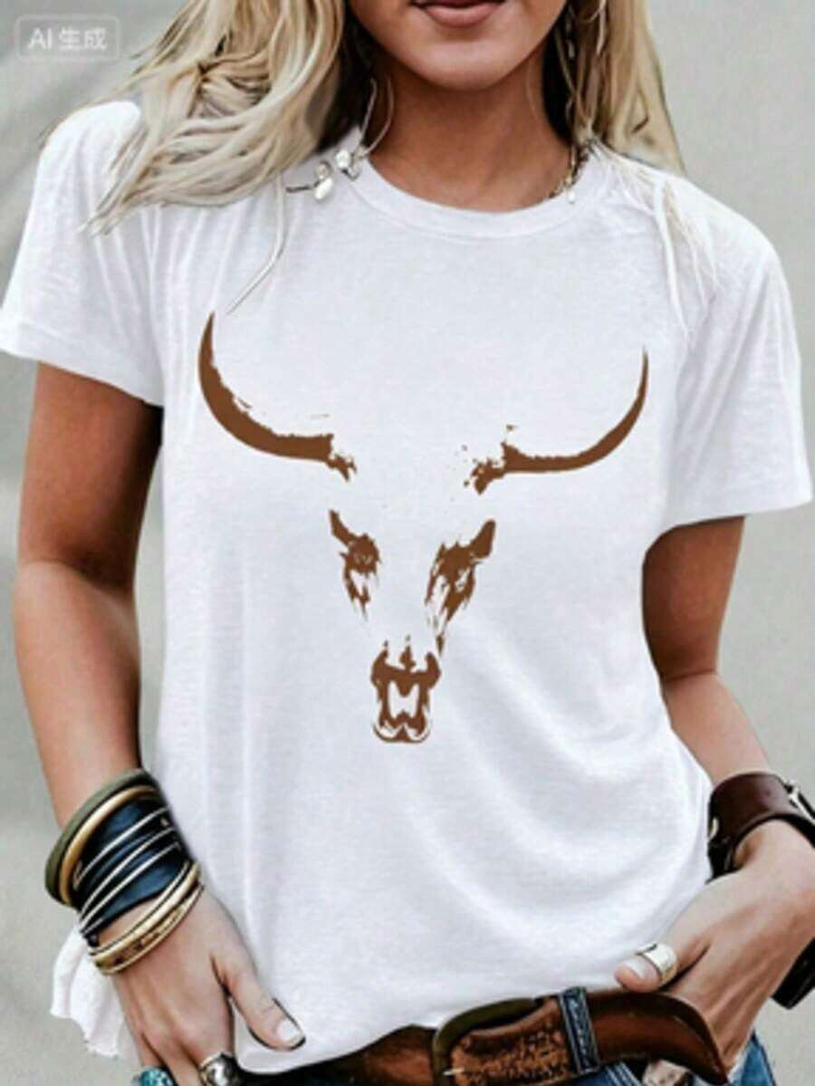 Camiseta con Estampado de Toro - Una Opción de Vanguardia para Entusiastas de Festivales y Amantes del Estilo Bohemio - Estilo Cowgirl a la Moda - Material de Algodón Puro y Suave - Nuevas Camisetas Casuales para Hombres y Mujeres - Blanco - Ver 1