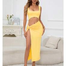Bestseller Vestido Largo Sensual Sin Tirantes Diseño Hueco Color Solido - Amarillo - Ver 9