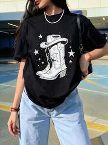 Women's Fashionable Pink Cowboy Boots Short-Sleeve Oversized Printed T-Shirt Round Neck 100% Cotton Soft Fabric Short Sleeve Breathable And Cool 100% Cotton - 黑色 - 查看 6