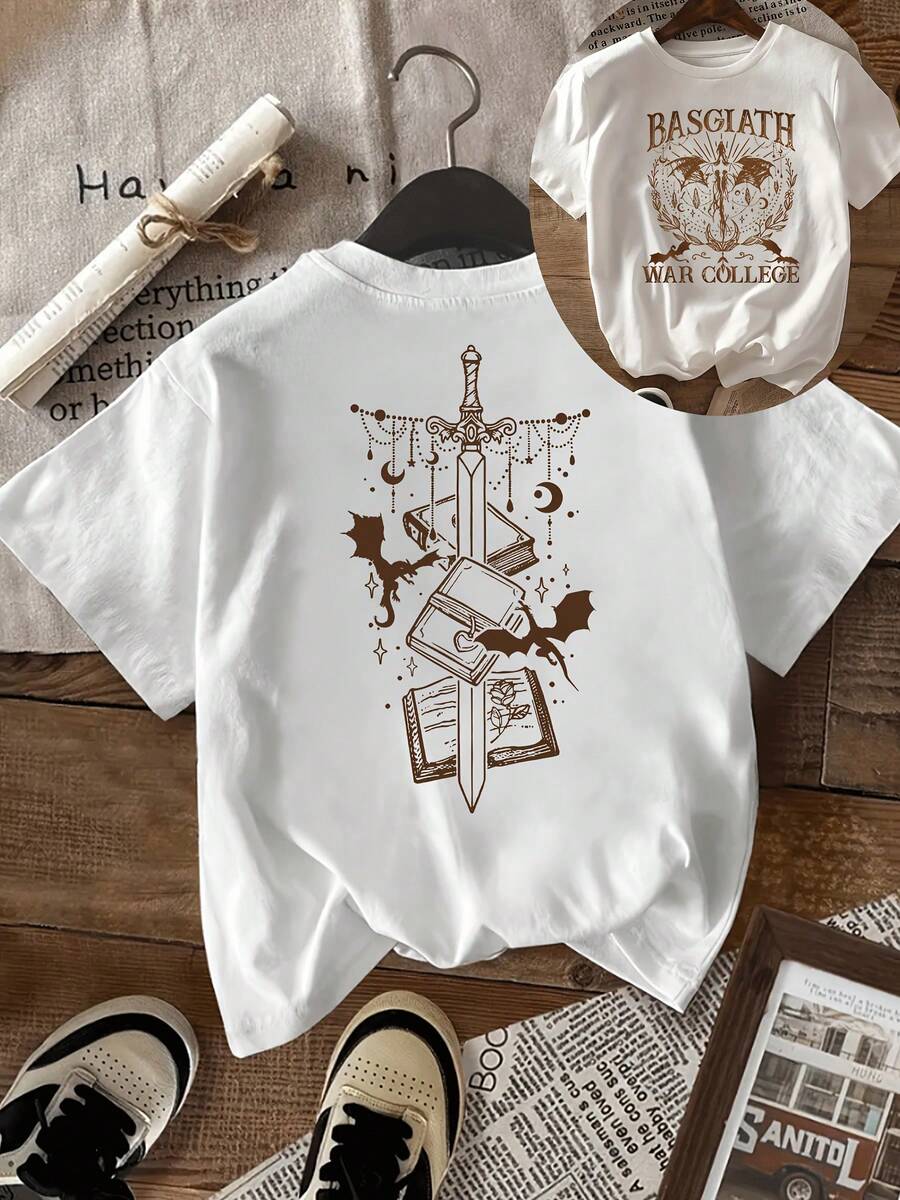 Camiseta de mujer con estampado de verano de doble cara vintage - Estampado de dragón de la Academia de Basjiat, adecuada para verano y primavera, la ropa de mujer es sencilla, cómoda, holgada, con cuello redondo en forma de Y, a la moda. - Blanco - Ver 1