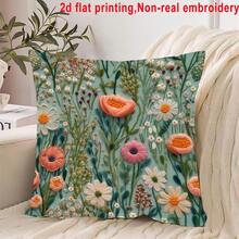 1 pieza Funda de cojín con estampado de flores silvestres de aspecto bordado en verde menta (impresión plana 2D, no bordado), funda de cojín de estilo pastoril fresco para sofá/dormitorio, funda de cojín decorativa para sala de estar, tela de poliéster, impresión unilateral, sin incluir el relleno del cojín, 45*45cm - verde menta - Ver 1