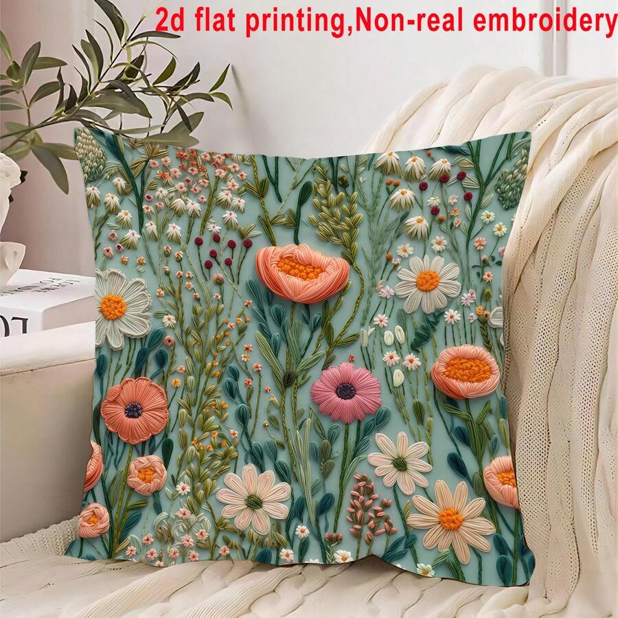 1 pieza Funda de cojín con estampado de flores silvestres de aspecto bordado en verde menta (impresión plana 2D, no bordado), funda de cojín de estilo pastoril fresco para sofá/dormitorio, funda de cojín decorativa para sala de estar, tela de poliéster, impresión unilateral, sin incluir el relleno del cojín, 45*45cm - verde menta - Ver 1