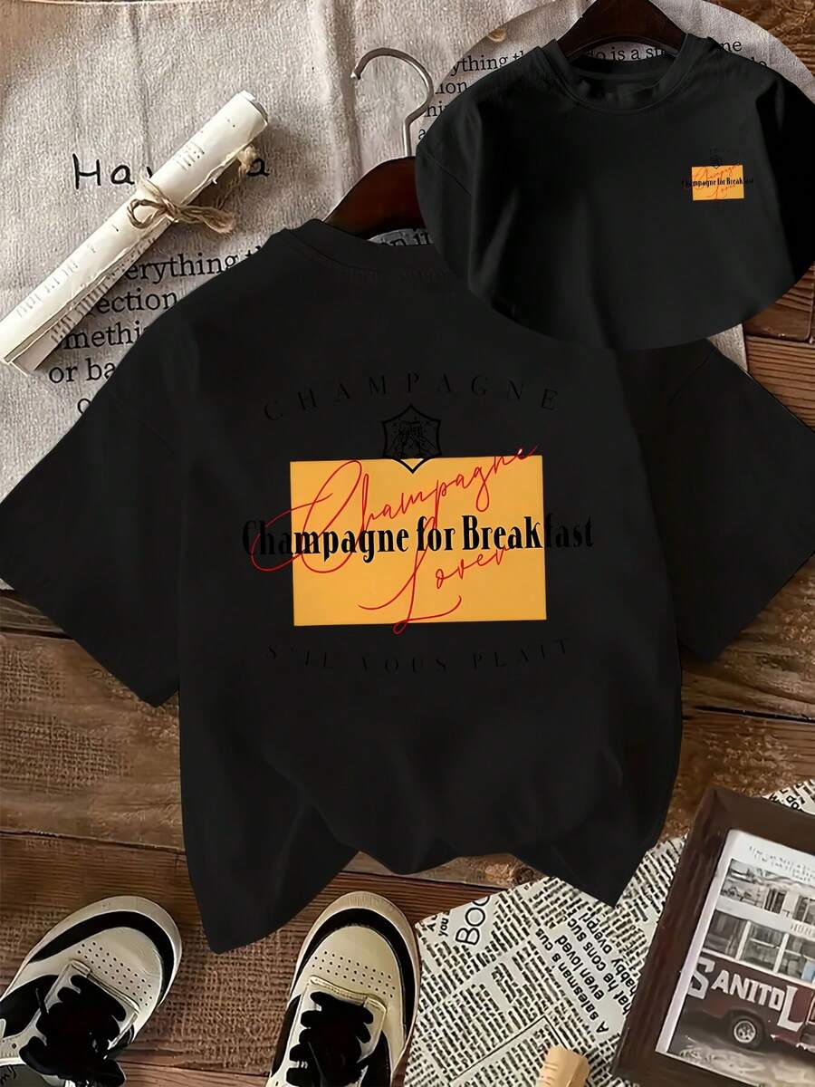Women's Vintage T-Shirt [Double-Sided Print], Short-Sleeved, Round Neck, Casual Style, With The Brand "Champagne" And The Phrase "Champagne For Breakfast" Printed In A Yellow Rectangle On The Back, Machine Washable, Suitable For Casual Wear, Multi-Purpose Clothing, Fashionable T-Shirt, Comfortable Material, For Fashion Enthusiasts. - 黑色 - 查看 1