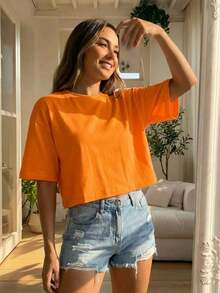 Blusa de mujer de cuello redondo, manga corta, holgada y casual, de estilo minimalista, elegante y sexy Y2K, adecuada para uso diario, oficina, hogar, exterior, primavera/verano - Naranja - Ver 6