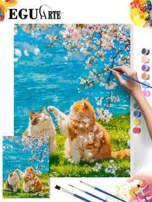 春季櫻花樹貓咪 DIY 數字油畫 成人手工藝術裝飾 40x50cm/16x20in 節日禮物 - 40*50厘米 - 查看 4