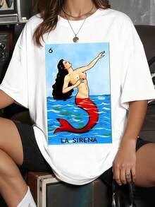 Fashion Printed T‑Shirts for Women, Oversized Streetwear Tops, Comfortable and Stylish All‑Match Summer TeesMítica Sirena de Lotería Mexicana criatura marina con torso humano y cola de pez simboliza belleza encanto y el misterio de las profundidades del océano alzándose majestuosamente. Camiseta de mujer  algodón suave. - Blanco - Ver 7