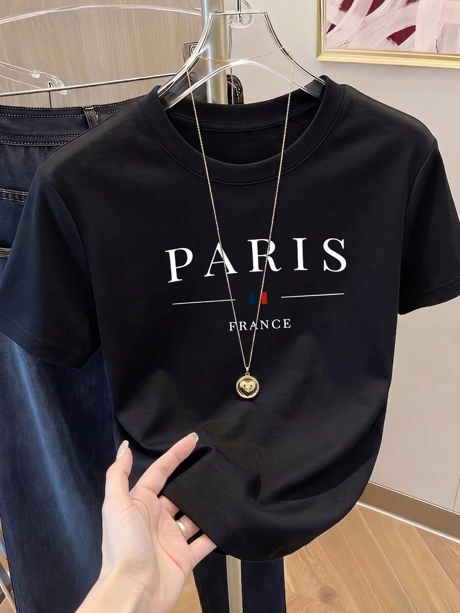 Camiseta de manga corta con estampado para mujer, ropa de primavera, atuendo para festividades, blanca para verano, look playero, estilo vacacional, estilo rural, atuendo de oficina para mujer. - Negro - Ver 1