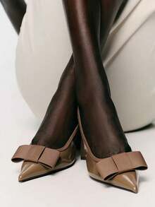 2026 Spring/Summer New Burgundy Bow Decor Open Toe Mule Shoes, Pointed Toe Slip-On Sandals - Brown - View 2