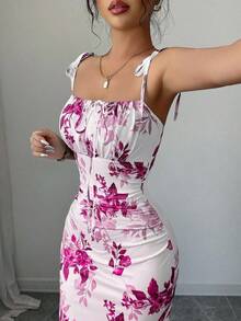 Nuevo vestido de mujer con tirantes de espagueti, lazo en la cintura, diseño de dobladillo fruncido y abertura, versátil para citas, fiestas y uso diario, favorecedora y elegante - Rosa Fucsia - Ver 3