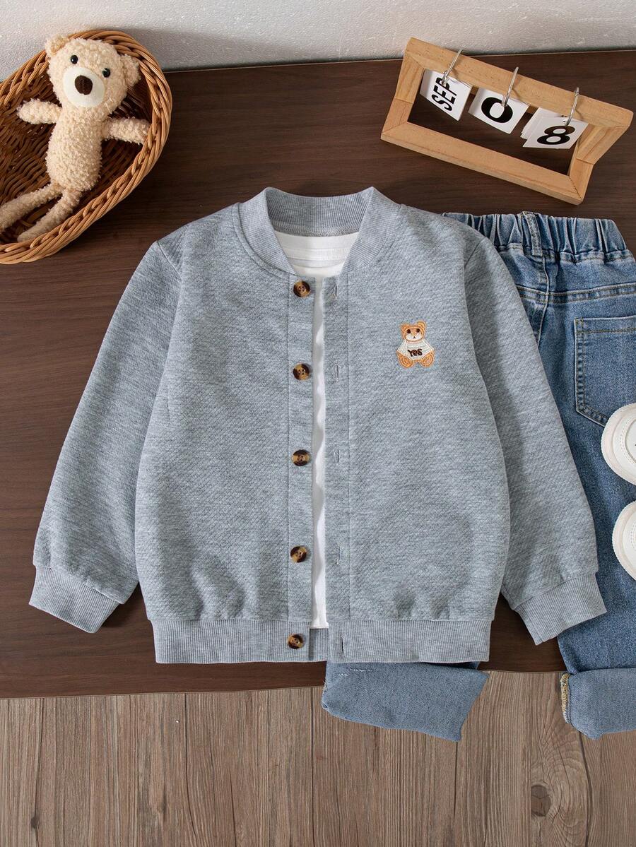 Jaket Lengan Panjang Regular Fit Warna Polos Motif Kartun Kasual untuk Anak Laki-laki, Cocok untuk Musim Semi & Gugur - Light Grey - View 1