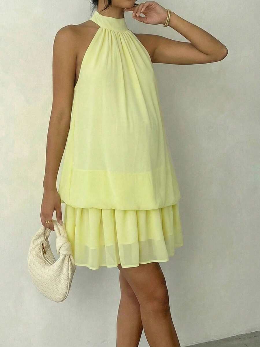 Maternity Sleeveless Ruffled Layered Mini Dress In Light Yellow, Lightweight And Flowing, Suitable For Summer Maternity Shower, Party, And Daily Wear - Yellow - View 1