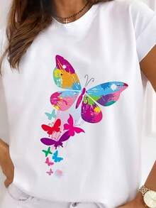 Size - Size - 1 Piece Casual Top Size| Colorful Butterfly Print, Round Neck, Short Sleeves, Non-Stretch Fabric, Loose Fit, Suitable For All Seasons, Perfect For Parties And Gifts. - Black - View 1
