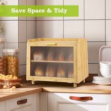 Caja panadera de bambú de doble capa con ventana transparente – Mantiene el pan fresco y organizado – Ideal para pan casero, bollos y muffins – Diseño rústico para encimera - Madera - Ver 4